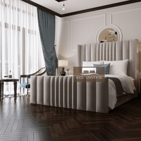 Millhouse Winged Bed Frame, Winged Bed, Stripe Bed, Plush Bed, Wingback Bed, Upholstered Bed