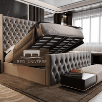 Elle Chesterfield Upholstered Winged Bed Frame, Winged Bed, Chesterfield Bed, Upholstered Bed, Fabric Bed, Grey Bed, Sotrage bed, Gas Lift Bed, Underbed storage