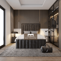 Palazzo Stripe Panel Upholstered Fabric Bed Frame, Winged Bed, Chsterfield bed, Fabric Bed, New Bed, Lines Bed, Panel Bed