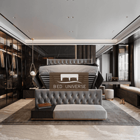 Elle Chesterfield Upholstered Winged Bed Frame, Winged Bed, Chesterfield Bed, Upholstered Bed, Fabric Bed, Grey Bed, Sotrage bed, Gas Lift Bed, Underbed storage