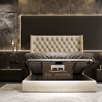 Winged Bed, Wing back bed, Cream Bed, Chesterfield Bed, Upholstered Bed, Fabric Bed, New Bed