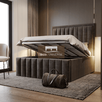 Palazzo Stripe Panel Upholstered Fabric Bed Frame, Winged Bed, Chsterfield bed, Fabric Bed, New Bed, Lines Bed, Panel Bed