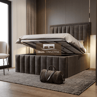 Palazzo Stripe Panel Upholstered Fabric Bed Frame, Winged Bed, Chsterfield bed, Fabric Bed, New Bed, Lines Bed, Panel Bed