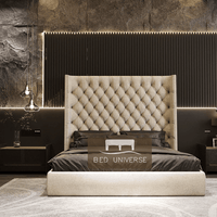 Winged Bed, Wing back bed, Cream Bed, Chesterfield Bed, Upholstered Bed, Fabric Bed, New Bed
