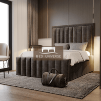 Palazzo Stripe Panel Upholstered Fabric Bed Frame, Winged Bed, Chsterfield bed, Fabric Bed, New Bed, Lines Bed, Panel Bed