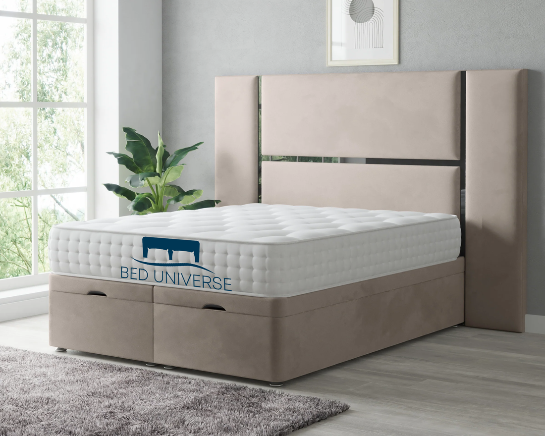 Samson Black Chrome Strip Extended Headboard Bed Frame with Ottoman Storage