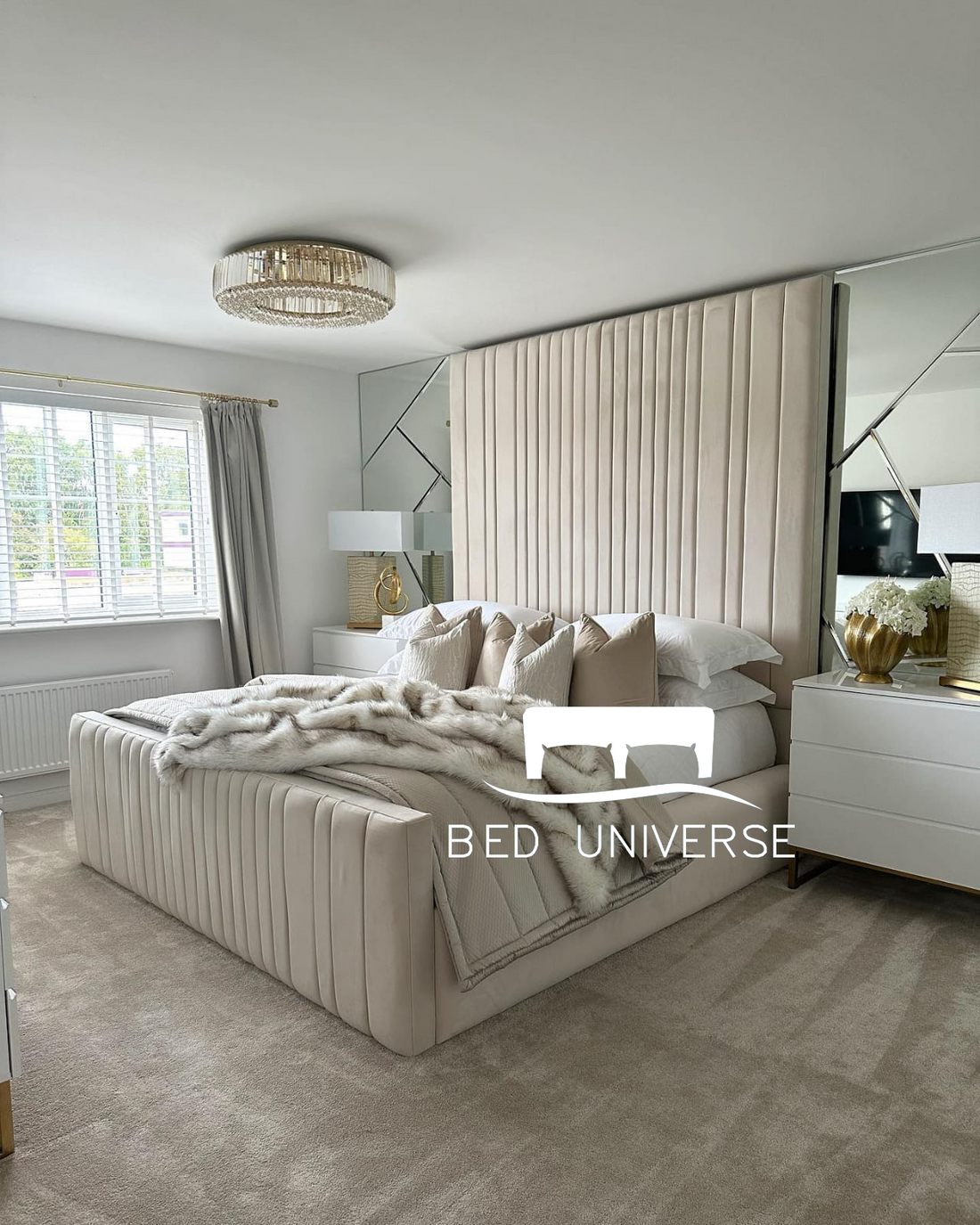 Elma Luxury Stripe Panel Upholstered Fabric Bed Frame