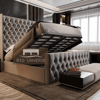 Elle Chesterfield Upholstered Winged Bed Frame, Winged Bed, Chesterfield Bed, Upholstered Bed, Fabric Bed, Grey Bed, Sotrage bed, Gas Lift Bed, Underbed storage