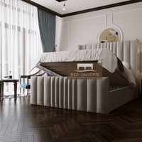 Millhouse Winged Bed Frame, Winged Bed, Stripe Bed, Plush Bed, Wingback Bed, Upholstered Bed