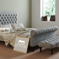 Colorado Soft Grey Naple Chesterfield Sleigh Scroll Bed Frame