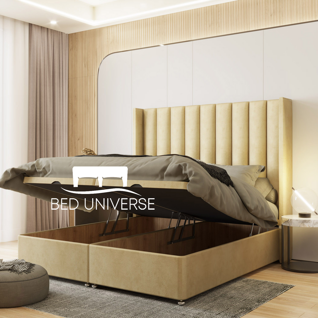 Paulo Winged Linear Stripe Panel Divan Ottoman Storage Bed