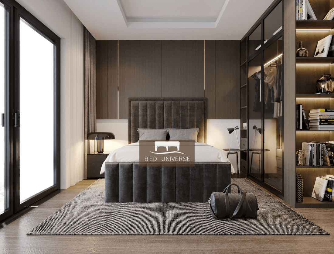 Palazzo Stripe Panel Upholstered Fabric Bed Frame, Winged Bed, Chsterfield bed, Fabric Bed, New Bed, Lines Bed, Panel Bed