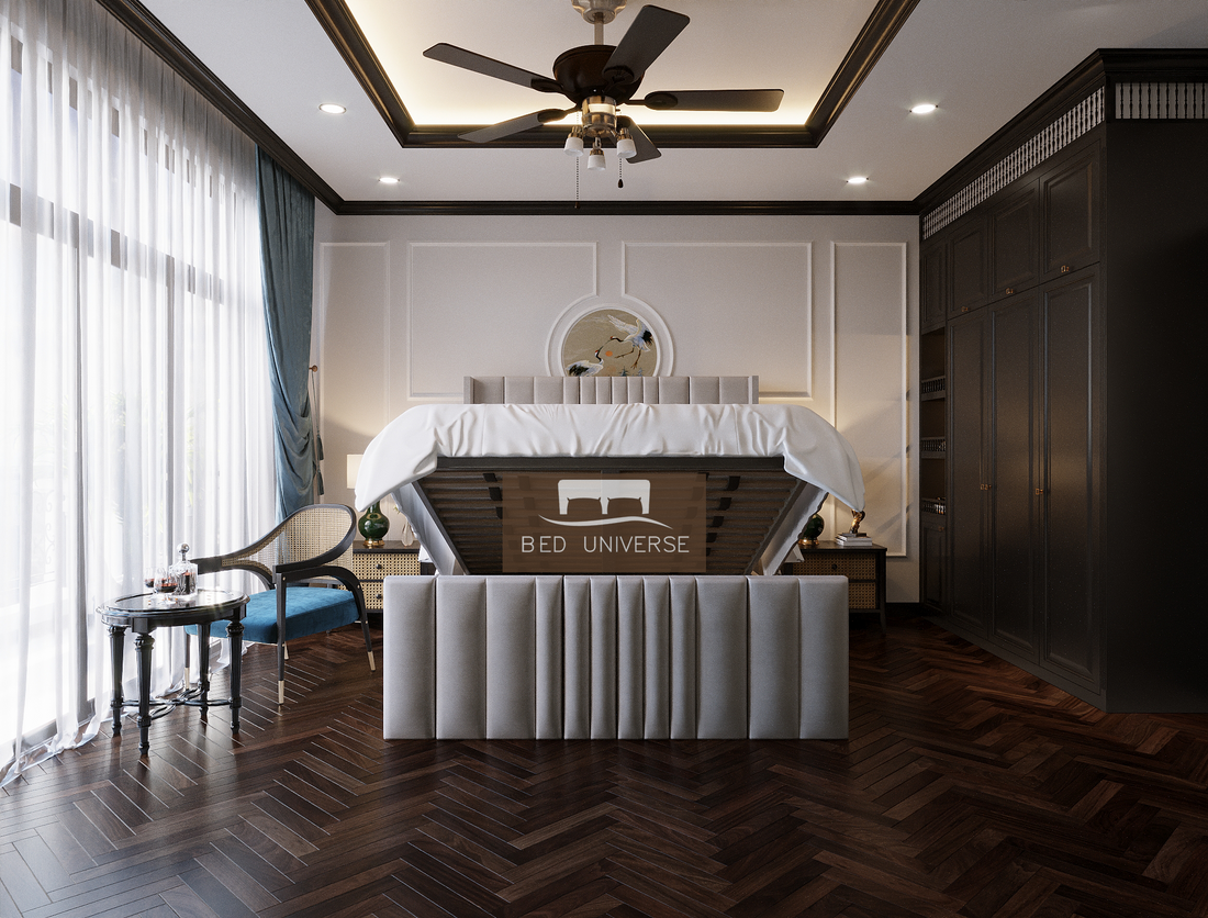 Millhouse Winged Bed Frame, Winged Bed, Stripe Bed, Plush Bed, Wingback Bed, Upholstered Bed