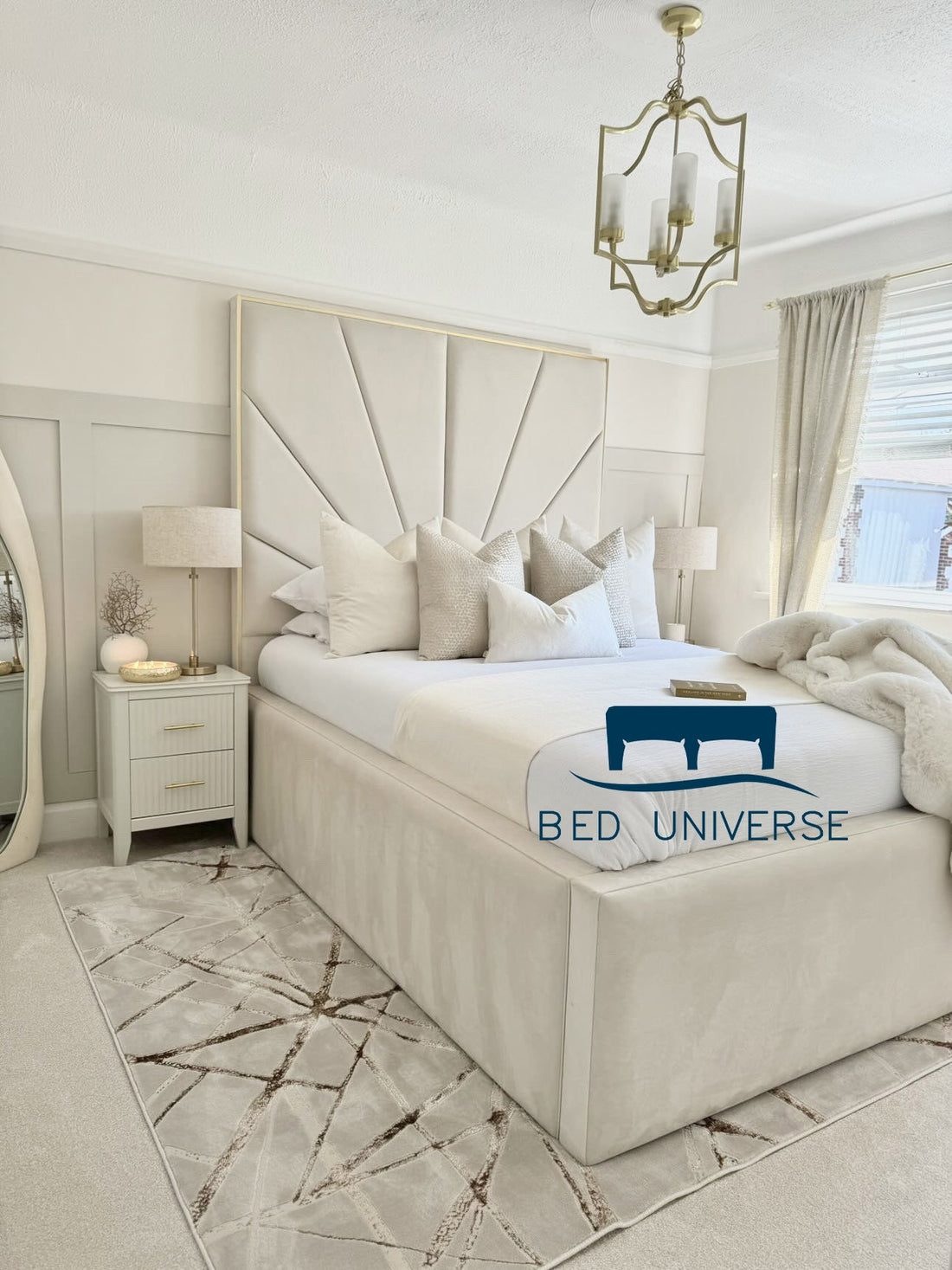 Sunburst Deluxe Tall Headboard Gold Strip Border Bed Frame