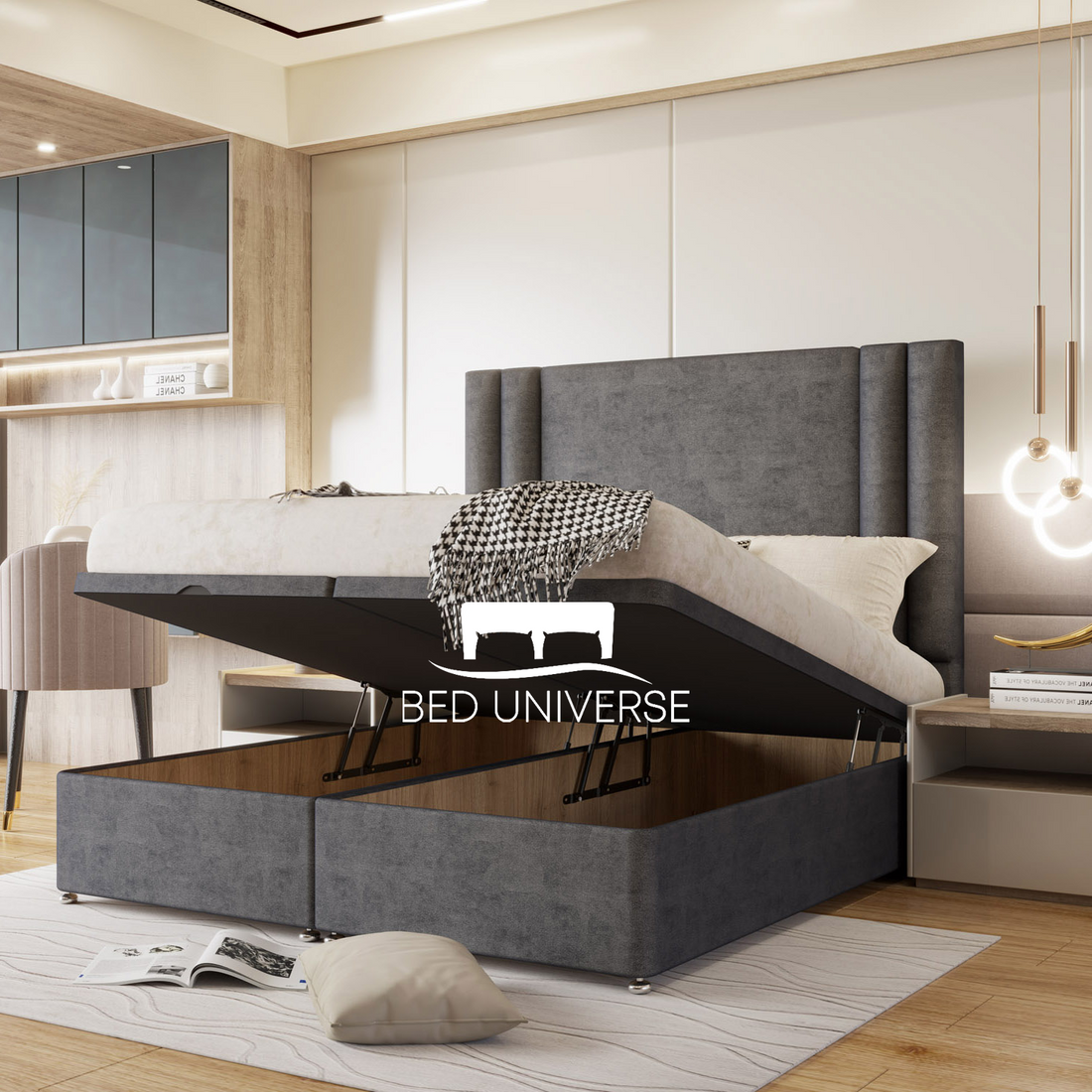 Ferro Panel Linear Stripe Panel Divan Ottoman Storage Bed