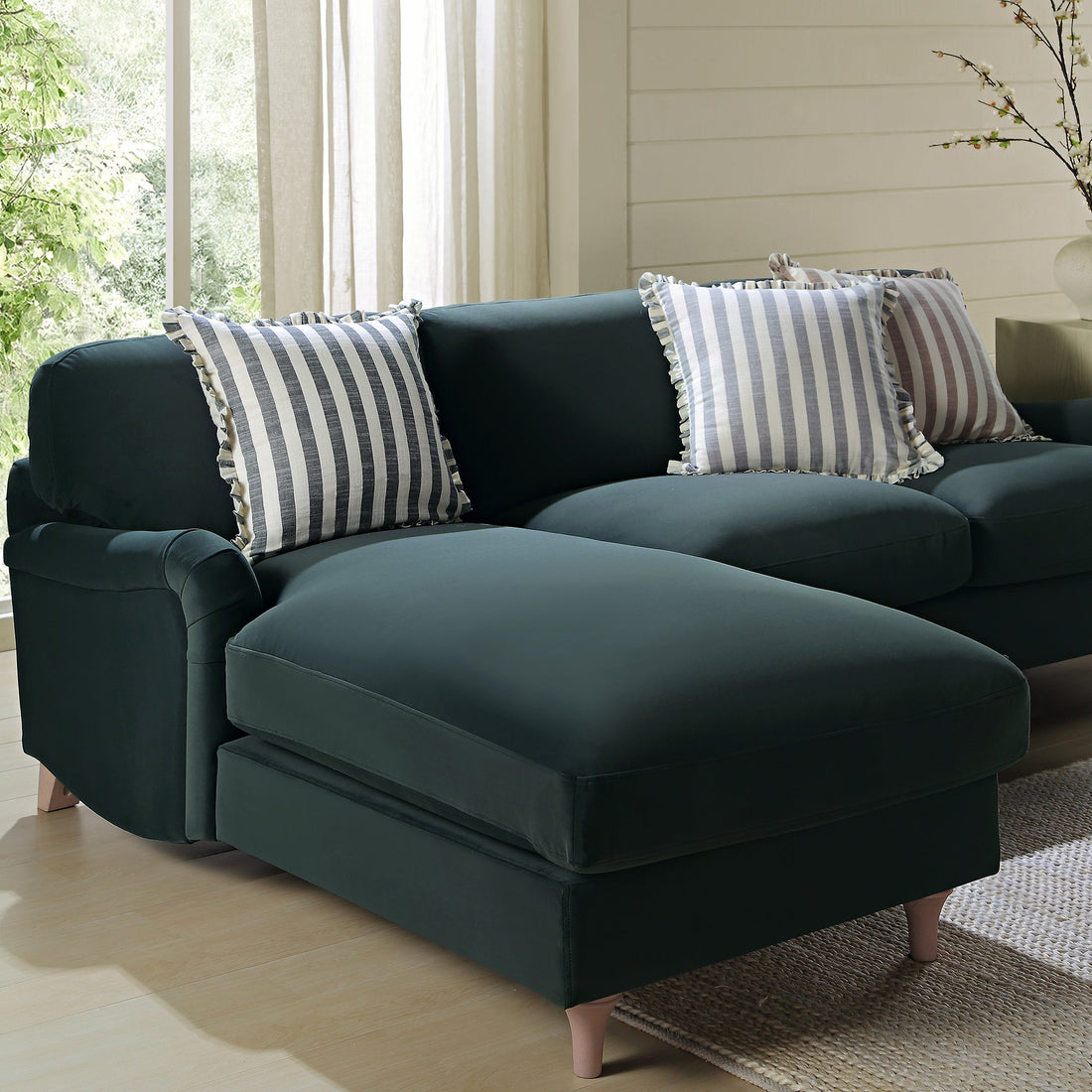 Daphnis Aegean Blue Velvet Sofa, Grande Chaise Sofa Left Hand Facing
