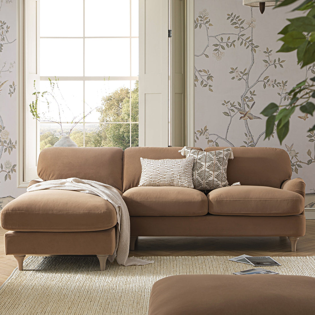 Daphnis Camel Velvet Sofa, Grande Chaise Sofa Left Hand Facing
