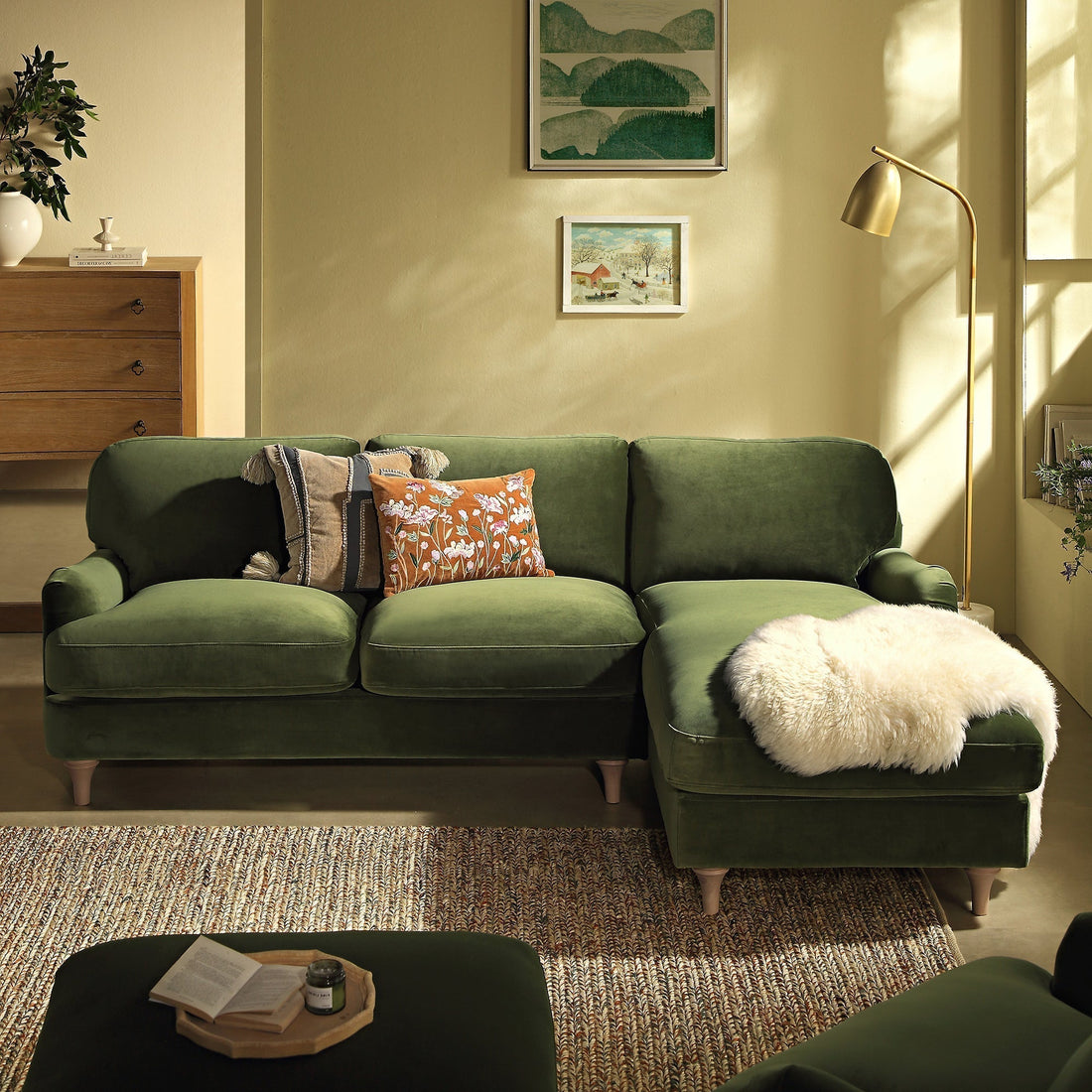 Daphnis Fern Green Velvet Sofa, Grande Chaise Sofa Right Hand Facing
