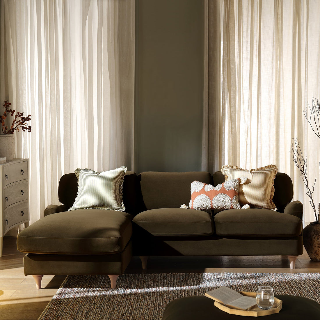 Daphnis Seaweed Velvet Sofa, Grande Chaise Sofa Left Hand Facing