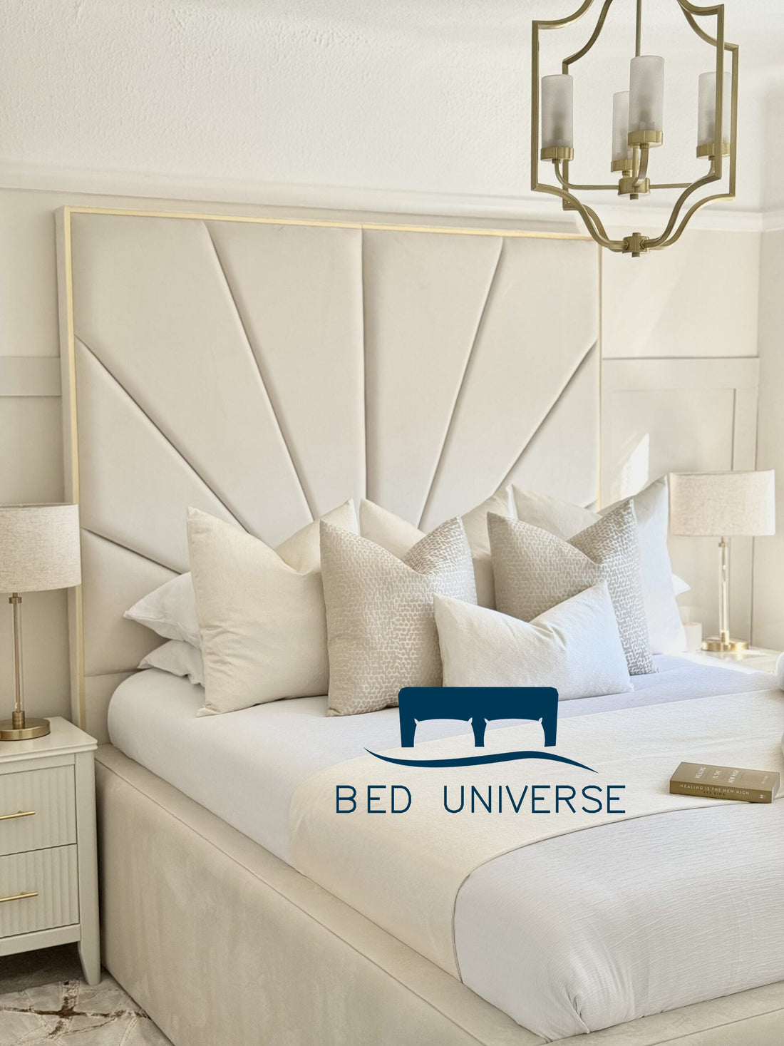 Sunburst Deluxe Tall Headboard Gold Strip Border Bed Frame