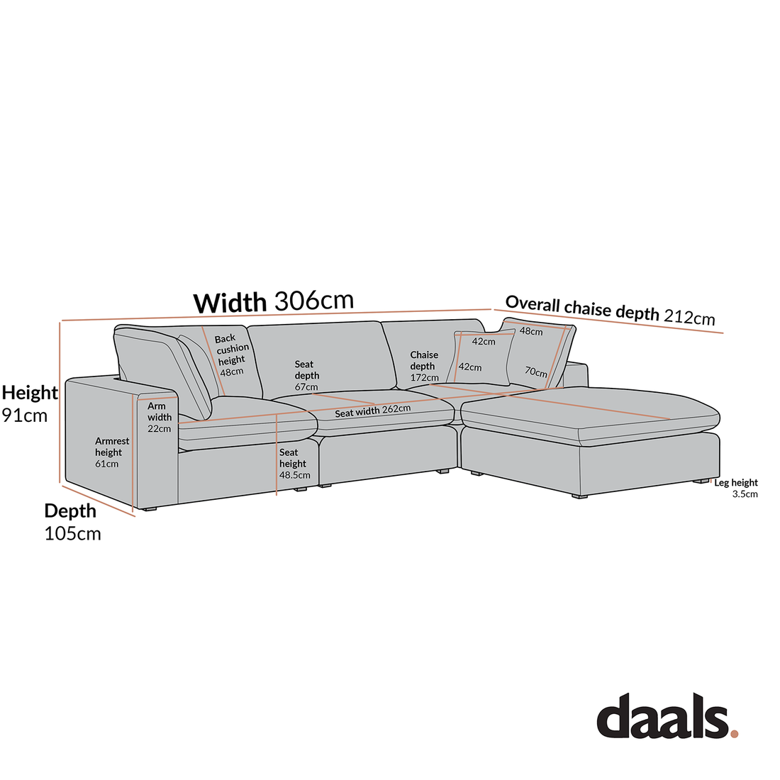 Lutyens Oatmeal Weave Fabric Modular Sofa 3-Piece Chaise