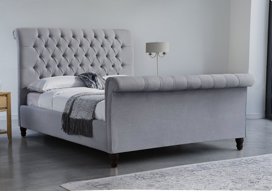 Colorado Soft Silver Naple Chesterfield Sleigh Scroll Bed Frame
