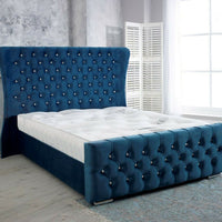 Felisa Blue Plush Fabric Wing back Bed Frame