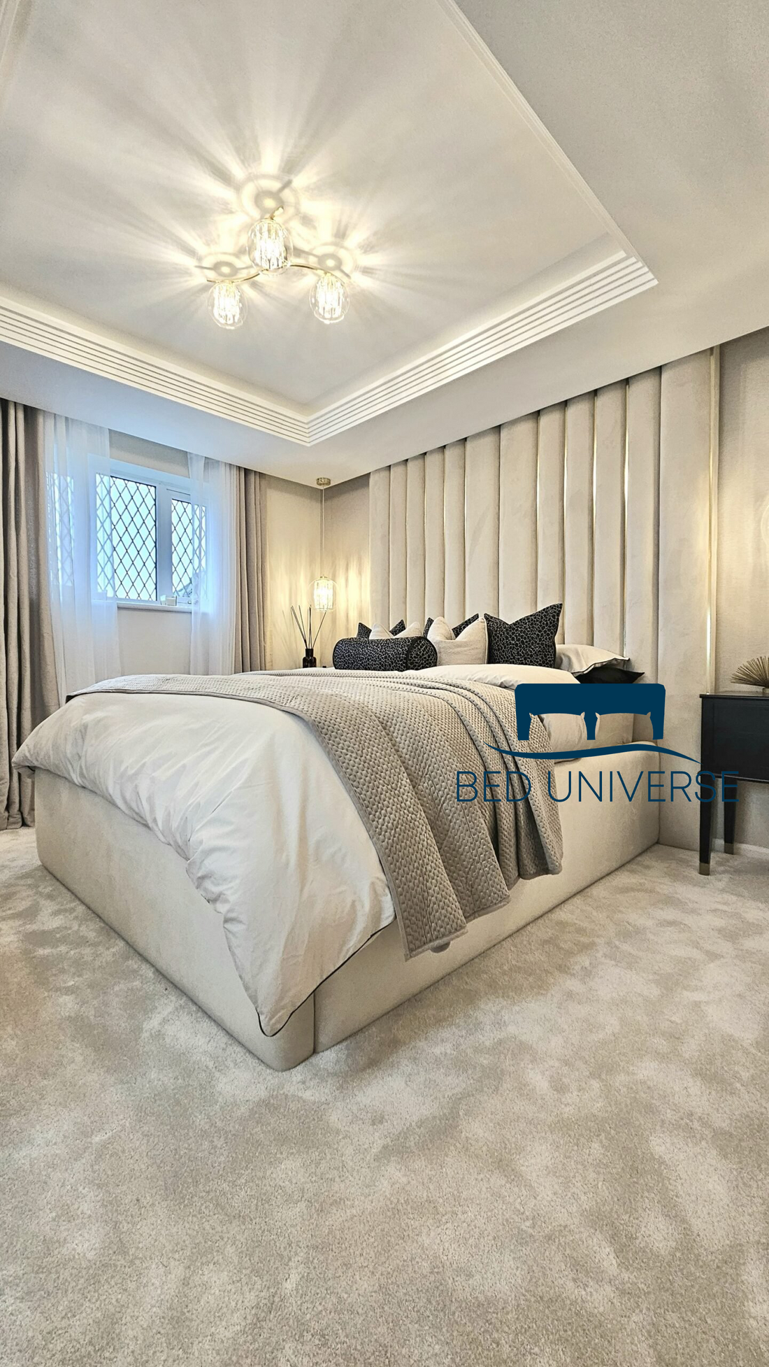 Alfie Gold Strip Wide Extended Panel Headboard Fabric Bed