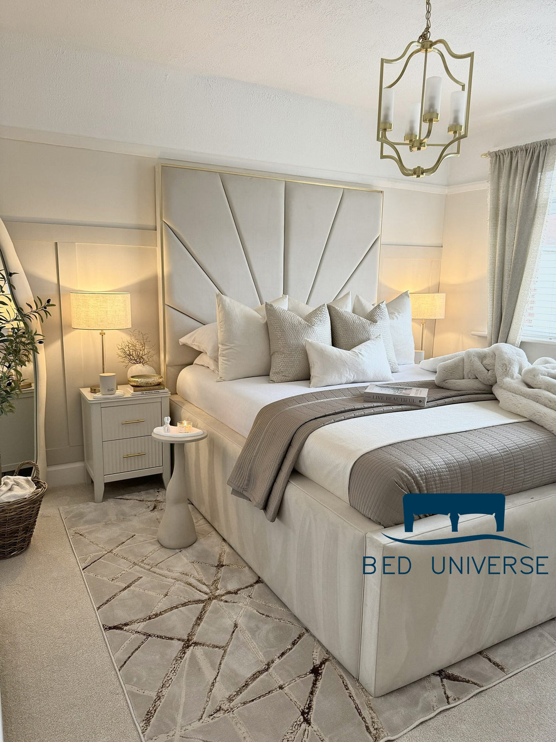 Sunburst Deluxe Tall Headboard Gold Strip Border Bed Frame